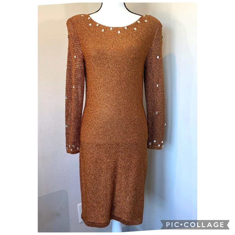 Steve Fabrikant Vintage Sweater Dress Copper Metallic Rhinestone 1980 Small Flaw